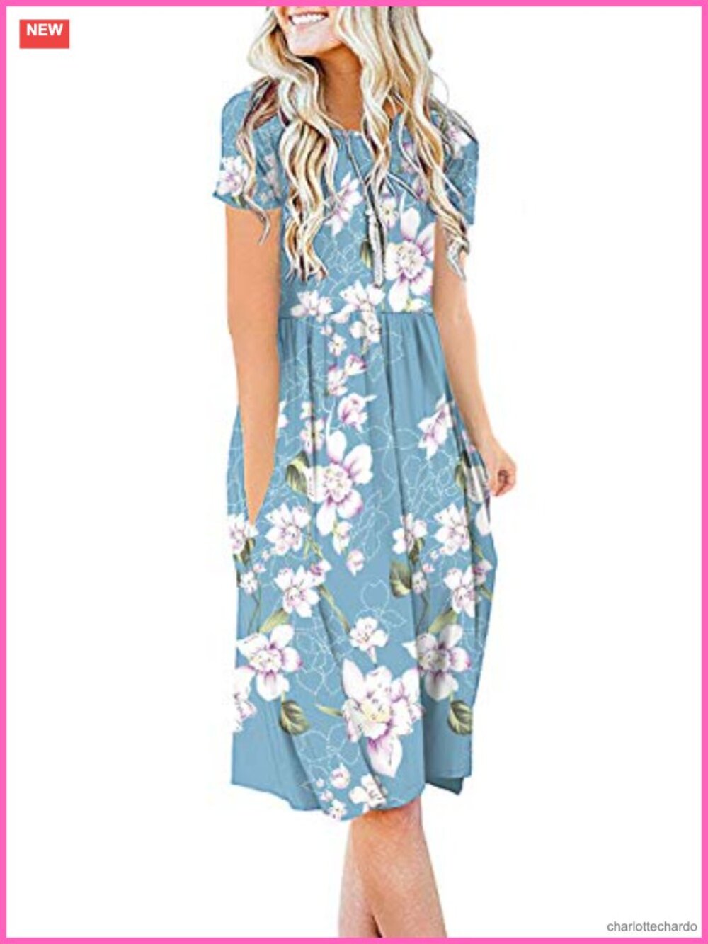 Women's Casual Short Sleeve Empire Waist Dress with Pockets